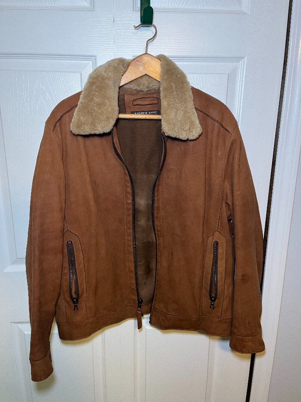 Andrew Marc Leather Jacket Mens Large Brown Shearling Collar